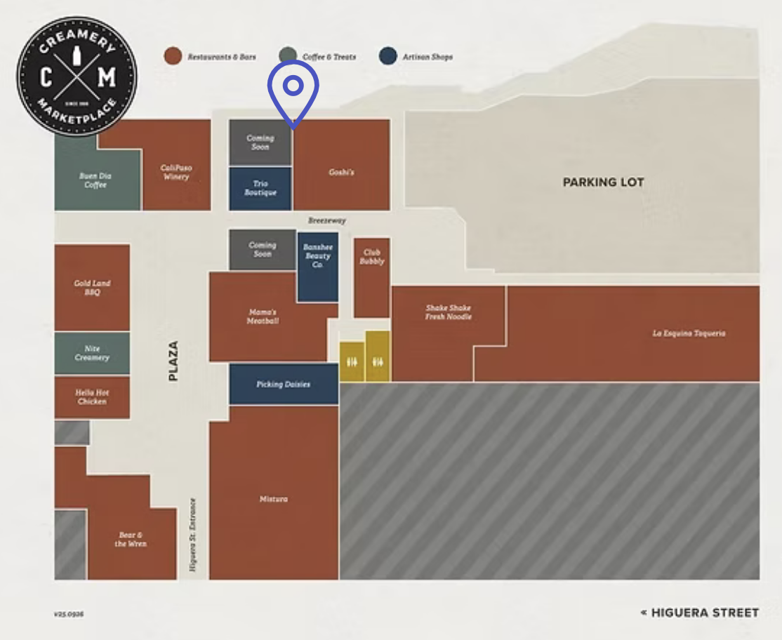 Directory map of the Creamery Marketplace with a location pin marking Élevé Nail Lounge near the Coming Soon storefront